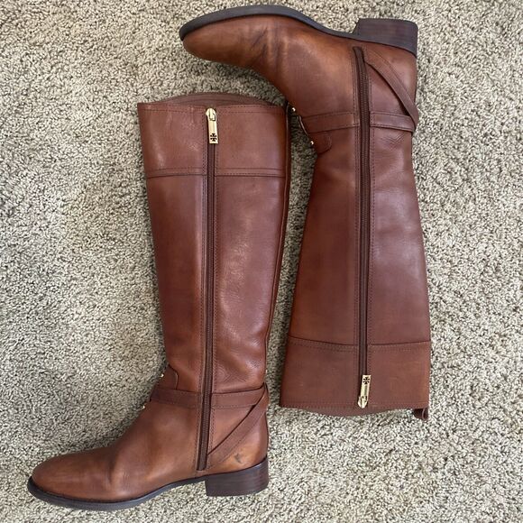 TORY BURCH BRITA Brown Leather Riding Boots 7.5 Gold Logo Tall Knee High Womens - Picture 3 of 16